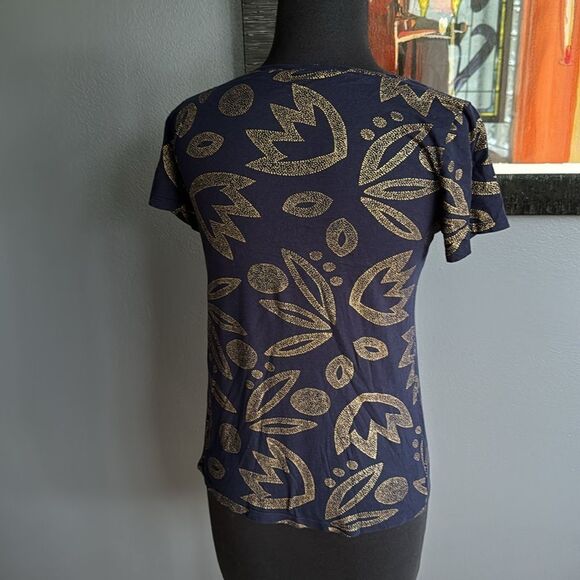 Ann Taylor Factory navy gold dot abstract floral print short sleeve tee shirt - Picture 3 of 5
